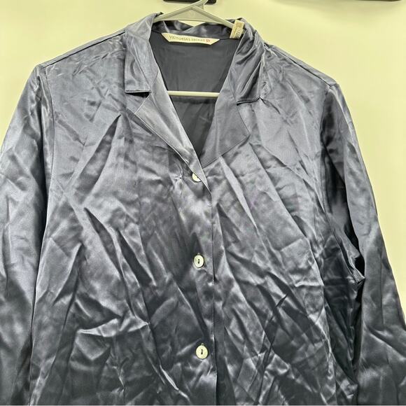 Vintage Y2K 100% Silk Navy Blue Long Sleeve Button Down Shirt Size S - Picture 2 of 9